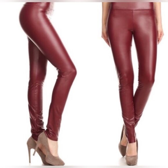 Burgundy faux leather high waisted leggings M - Picture 1 of 5
